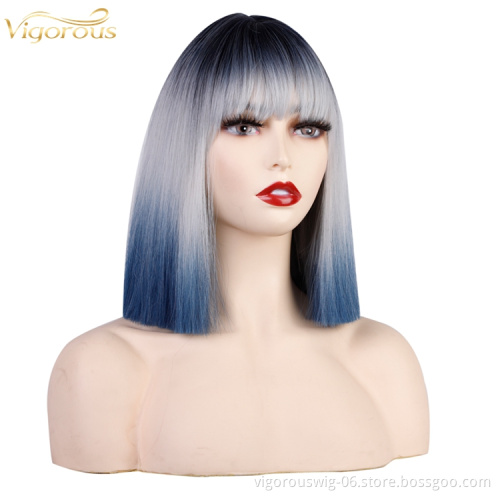 Short Root Black Ombre Silver to blue 3 Tones Bob Cut Wigs With Bangs Heat Resistant Synthetic Straight Hair Wigs for Women